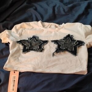 White Crop Top with Denim Star Patches